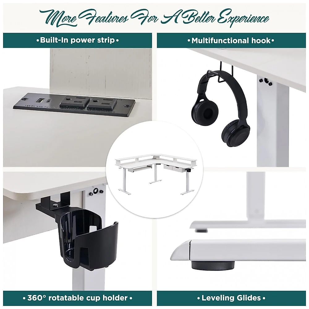 Mesa Gamer em L Elétrica RedLemon Nogueira Escura 152 cm com Altura Ajustável, Gavetas, Bandeja Teclado, Tomadas e Luzes LED, Modelo ELD60LS-DWT