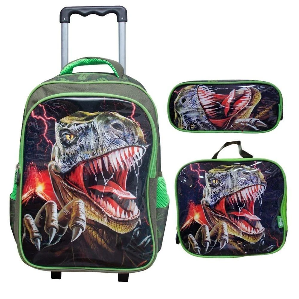Kit Escolar Trex Para Meninos Mochila + Lancheira + Estojo Reforçada Resistente 17' - Trex Attack Verde Escuro