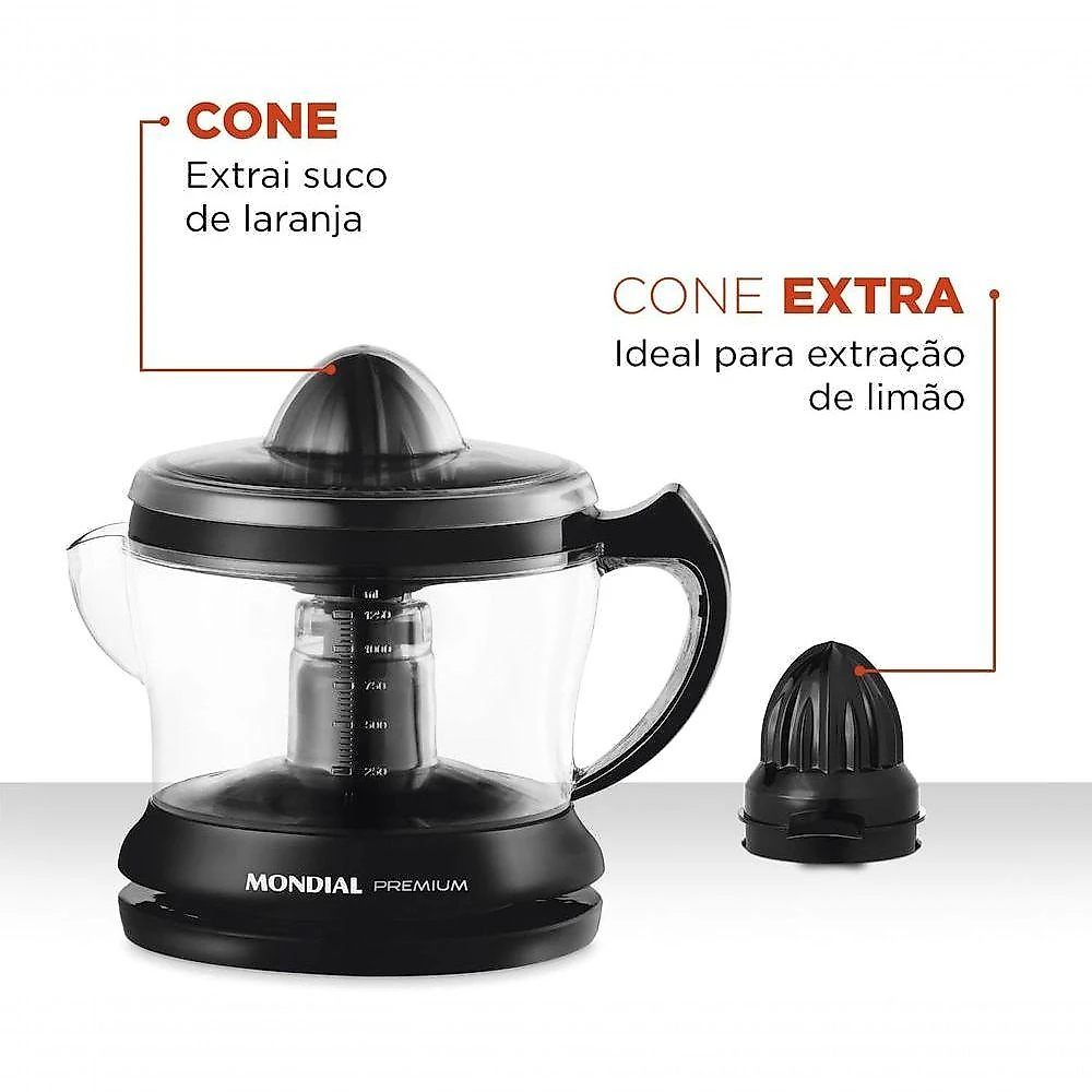Espremedor de Frutas Elétrico Espremedor Premium E-02 30W 220V Jarra 1,25L Preto Mondial
