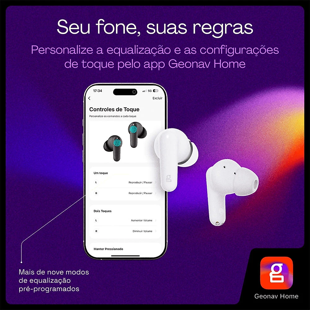 Fone de Ouvido AER15 TWS HarmonyWave Intra-auricular com Cancelamento Ativo de Ruído Geonav Branco