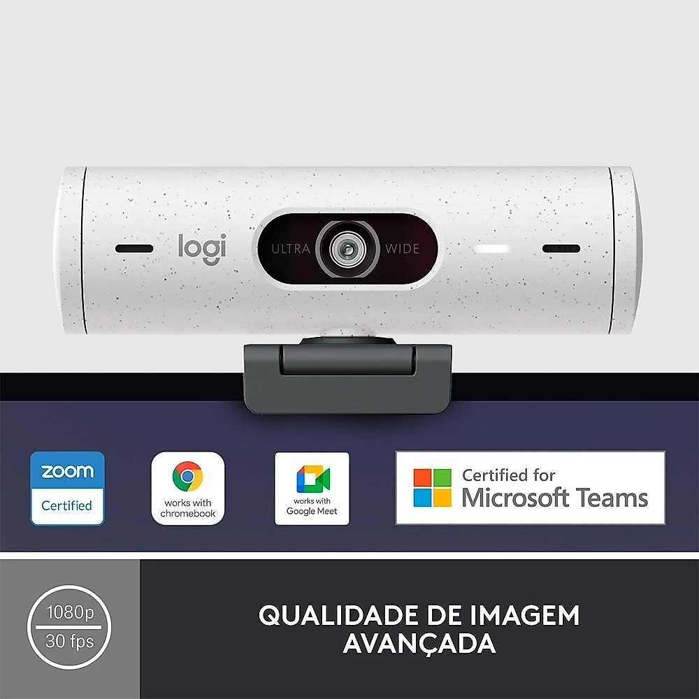 Webcam + Suporte Logitech Brio 500 Full HD, 1080p, 30 FPS, com Microfones Duplos, USB, Suporte Incluso, Branco - 960-001426