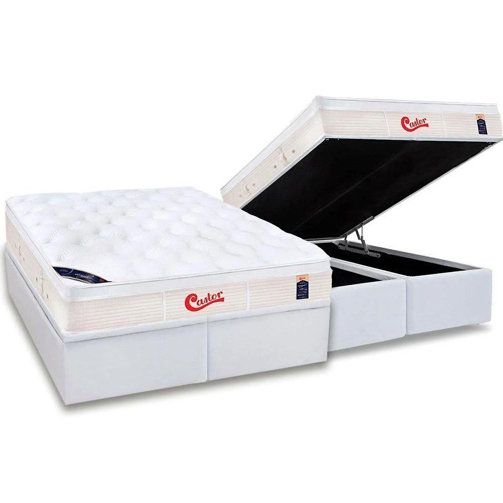 Cama Box Baú King: Colchão Molas Pocket Ensacadas Castor Gold Star Vitagel + Base Crc Courano White (193x203)
