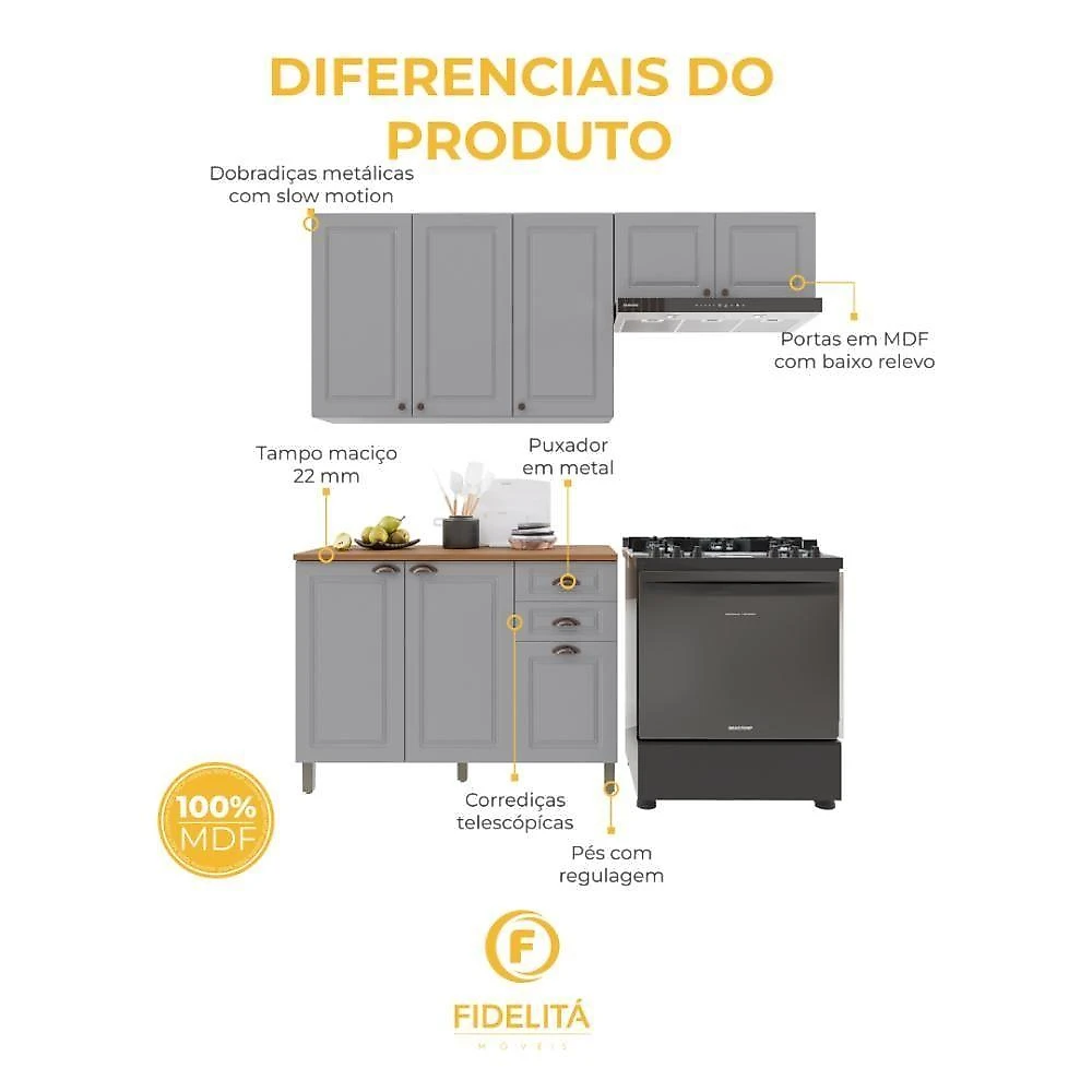 Cozinha Compacta Modulada Nara 8 Portas 2 Gavetas MDF 200CM Titânio Fidelita Móveis webcontinental-7899208873720