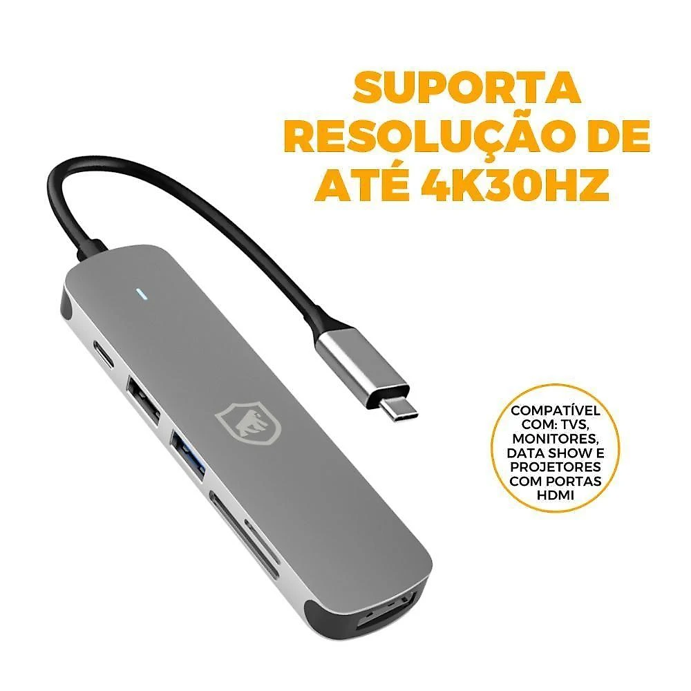 Adaptador Multifuncional 6 em 1 HDMI USB-C Hub USB 3.0 4K30Hz Prata Gshield
