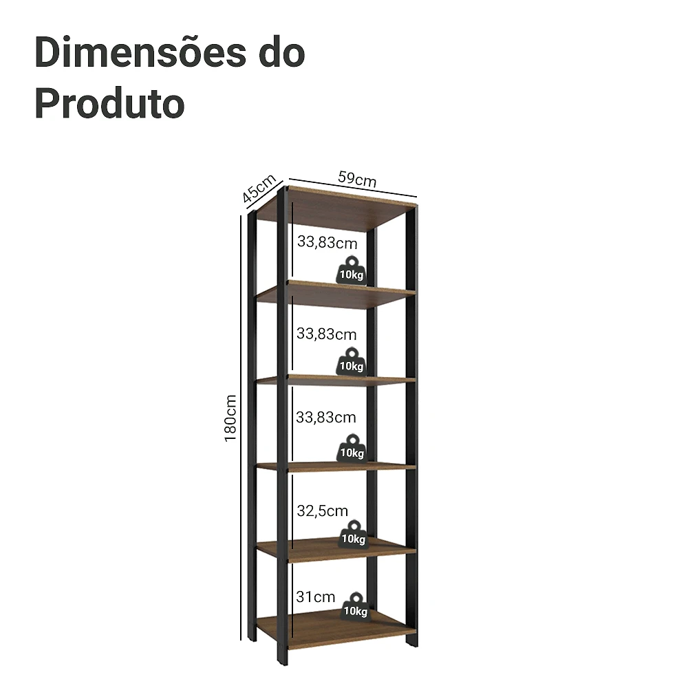 Miniatura Armário Estante Multiuso Organizador 5 Prateleiras 59cm Rustic/Preto Madesa Cor:Rustic/Preto