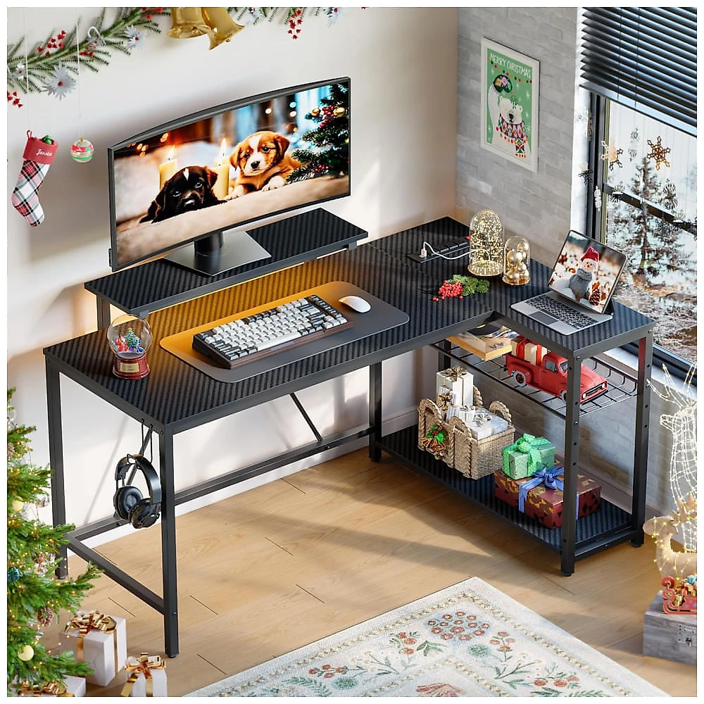 Mesa Gamer de Fibra de Carbono 58" 147 cm com Luz LED, Tomadas, Prateleiras, Gancho para Fone de Ouvido e Portas USB, 110V, Bestier, Preto 110v