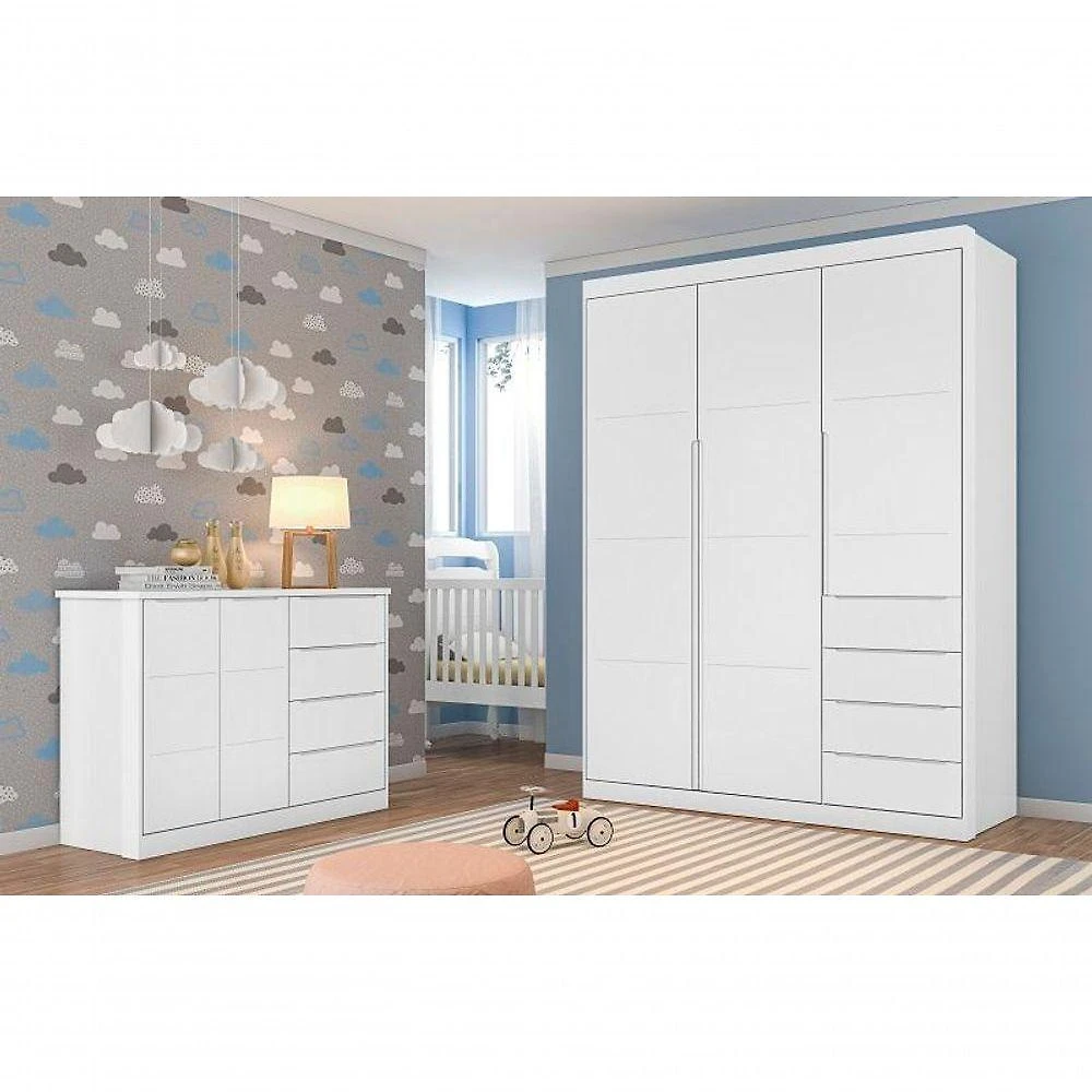 Jogo de Quarto com Guarda Roupa e Cômoda MDF 120CM Branco Acetinado Phoenix Baby