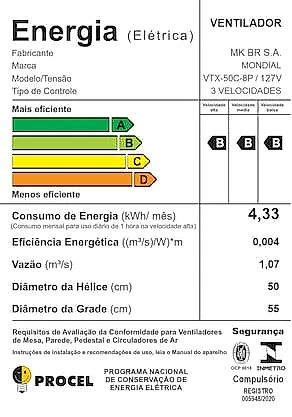 Ventilador de Coluna Mondial VTX-50C-8P 50cm 150W Turbo 8 Pás Silencioso Preto 110V