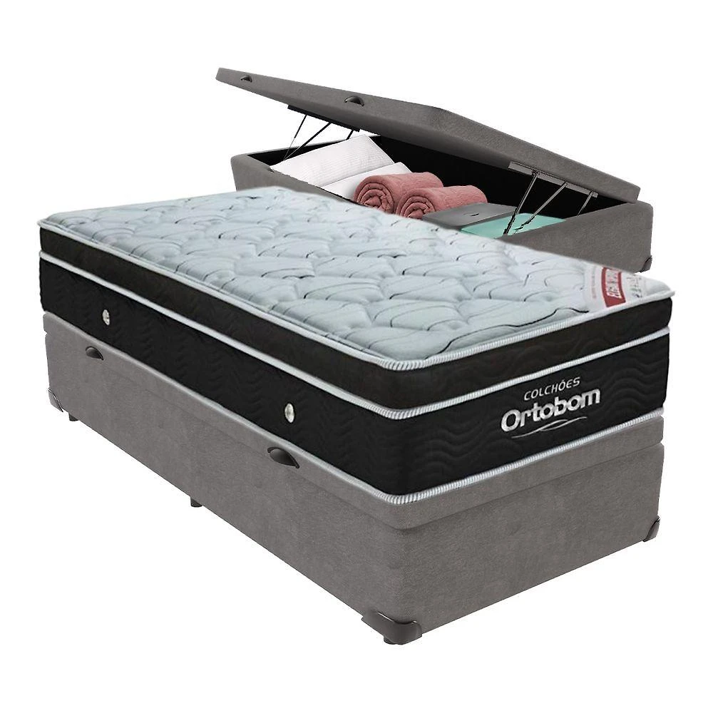 Cama Box Baú Solteiro Colchão Ortobom Elegant Mola Ensacada Cinza