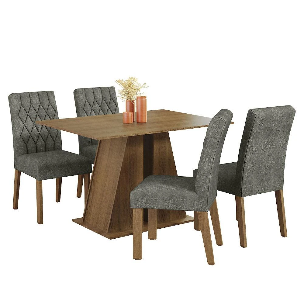 Conjunto sala de jantar mesa tampo de madeira 4 cadeiras rustic/silver gisele madesa