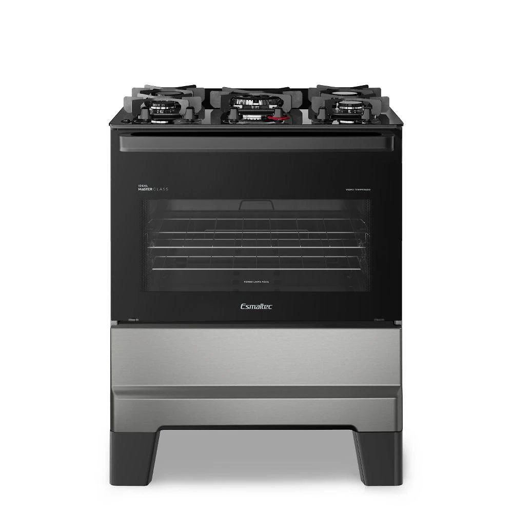 Fogão de Piso 5 Bocas a Gás Esmaltec Ideal Master Glass Mesa de Vidro Temperado Inox Bivolt