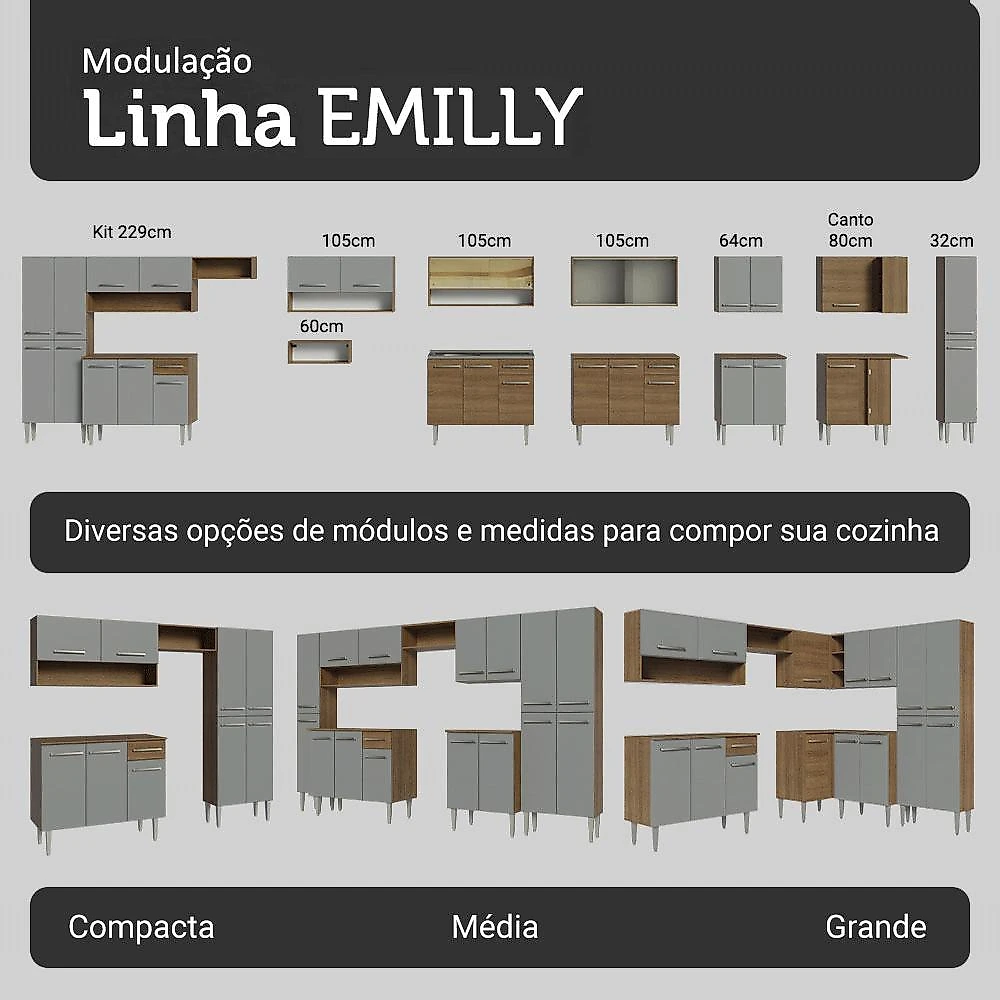 Armário de Cozinha Completa 225cm Rustic/Cinza Emilly Madesa 01XA Rustic/Cinza