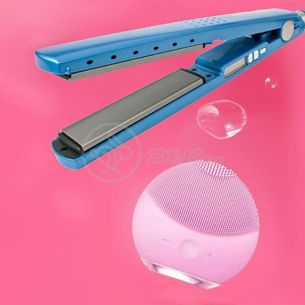 Kit 1 Prancha Nanotitanium + 1 Esponja Facial Rosa Bebê Nº17
