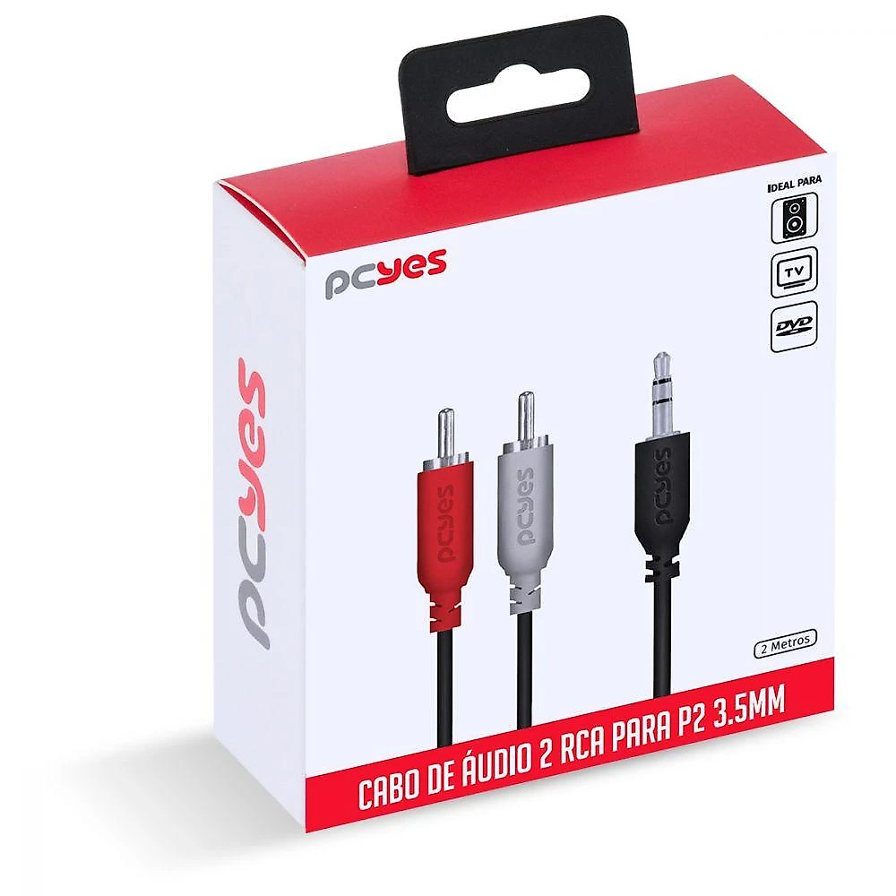 Cabo De áudio 2 Rca Macho Para P2 3.5mm Macho 28awg Puro Cobre 2 Metros - P2r35-2