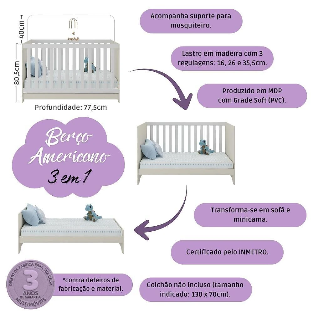 Quarto De Bebê Completo Com Berço Americano 3 Em 1 Suspiro Multimóveis MP4624 Branco-off White