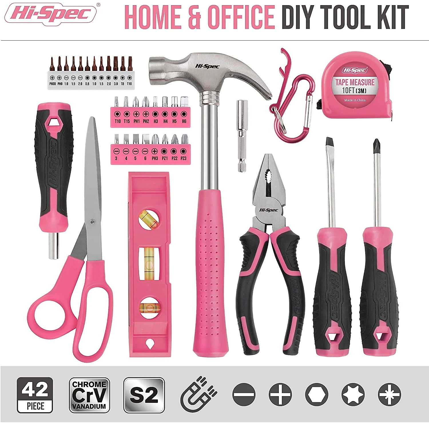 HiSpec DT30001US Kit de Ferramentas c Maleta de Transporte 42 Peças Rosa
