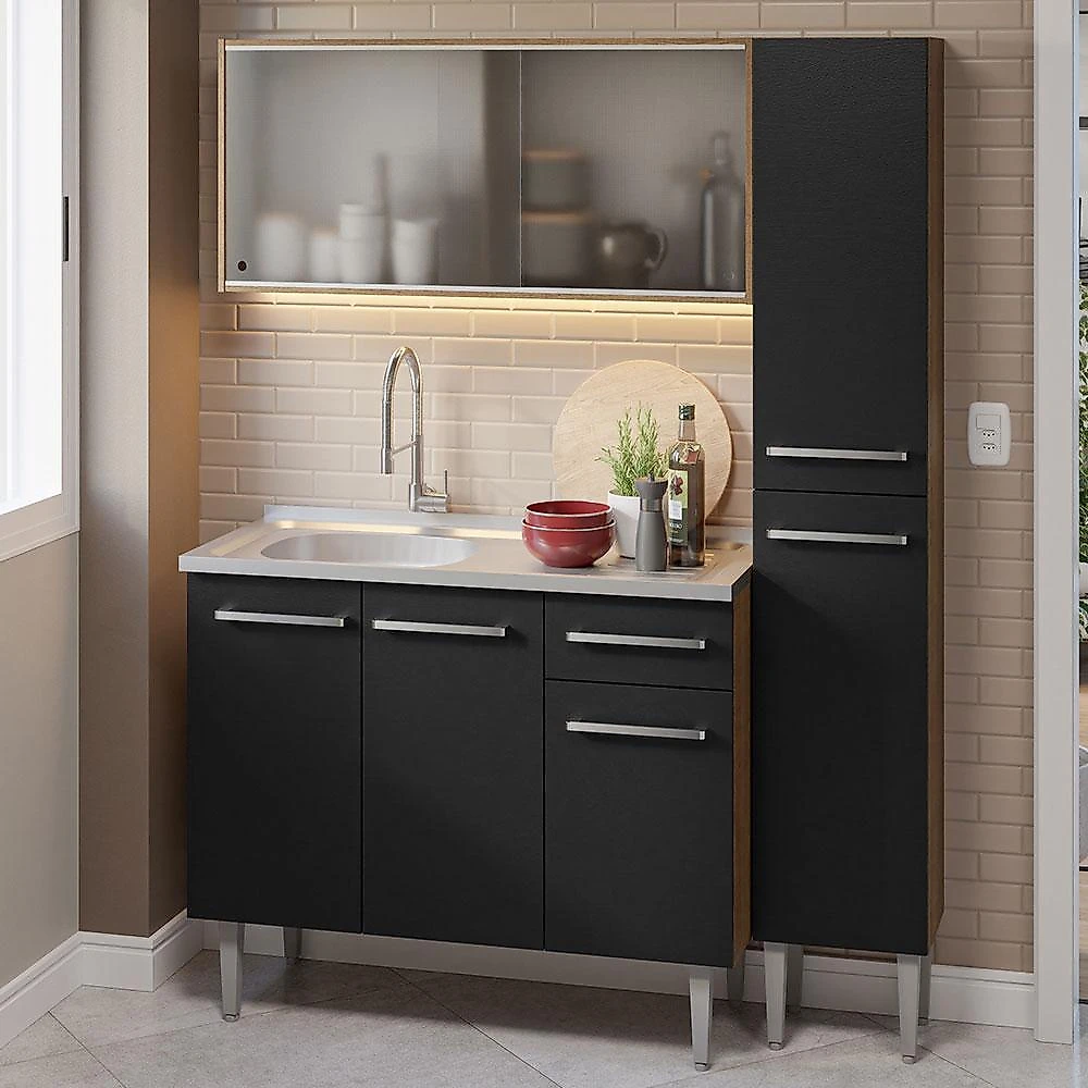 Armário de cozinha compacta 137cm com pia rustic/preto emilly madesa 07