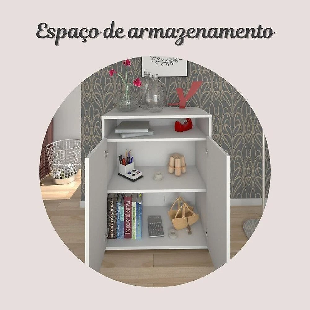 Kit 3 Peças com Escrivaninha Moderna com Pés de Cavalete, Armário com Nichos e Balcão 2 Portas Nogal/Branco