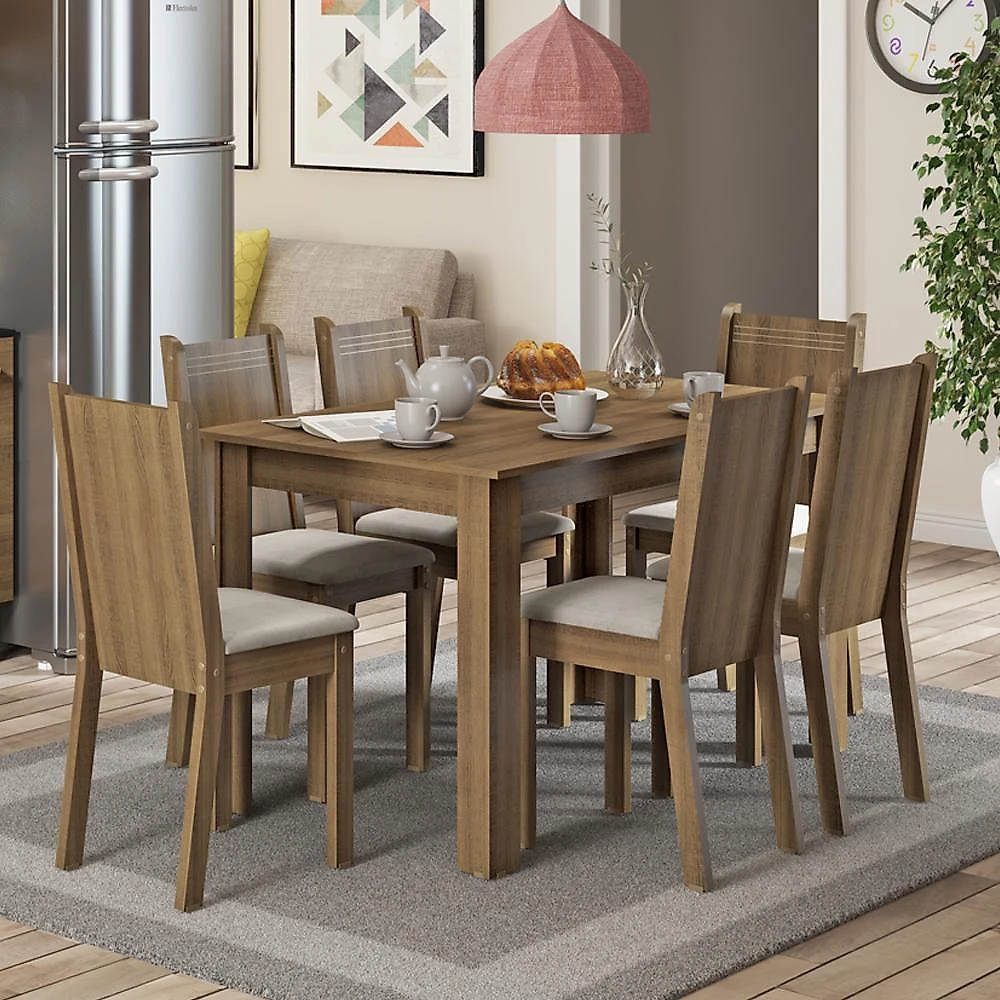 Conjunto sala de jantar maris madesa mesa tampo de madeira com 6 cadeiras - rustic/sintético bege rustic/pérola
