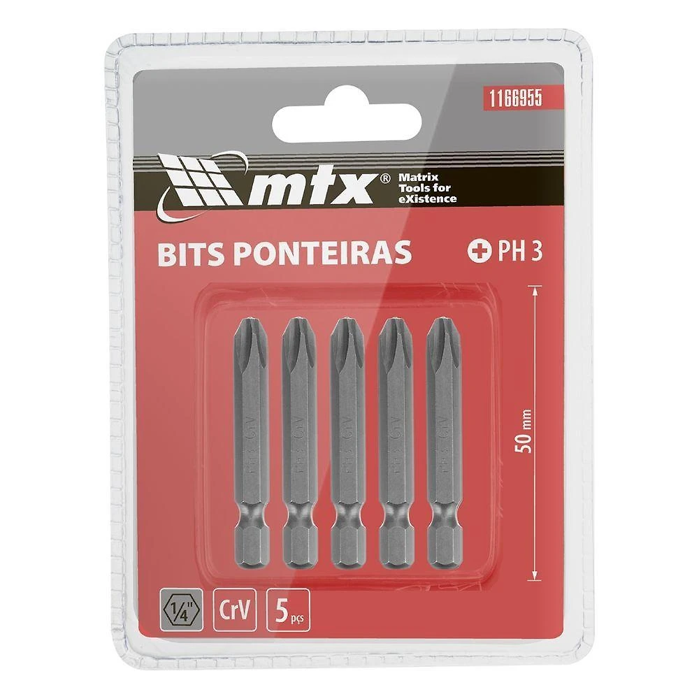 Bits Phillips Ph3 50mm 5 Peças Aço Cromo Vanádio Haste Hexagonal Inox MTX