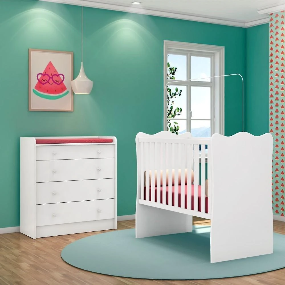 Conjunto Infantil Doce Sonho Branco Berço Doce Sonho + Cômoda Com Trocador E 4 Gavetas