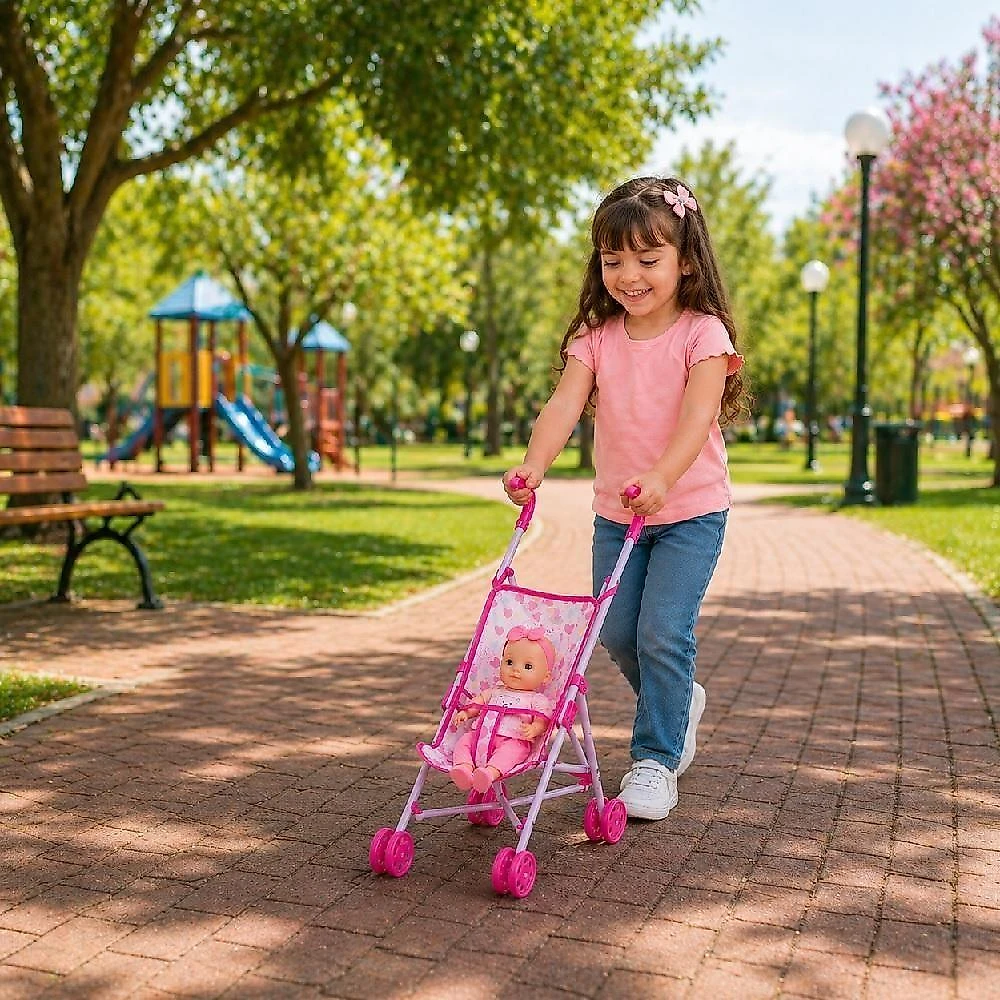 Carrinho de Boneca Dobrável para Passeio com Cadeirinha 4 Rodinhas Rosa Utibom