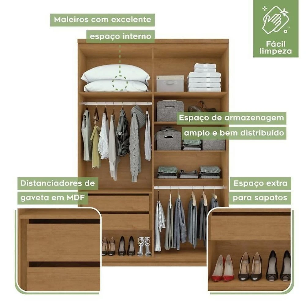 Quarto Infantil com Guarda-roupa Solteiro 4 Portas 2 Gavetas Alonzo e Cama Solteiro Athenas Amêndoa Clean