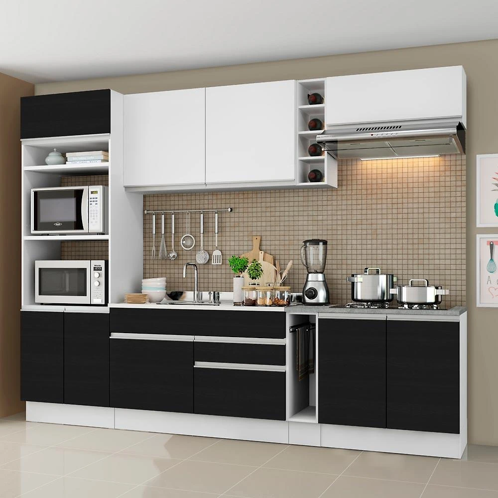 Cozinha Completa Madesa Vicenza com Armário e Balcão (Sem Tampo e Pia) - Branco/Preto/Branco