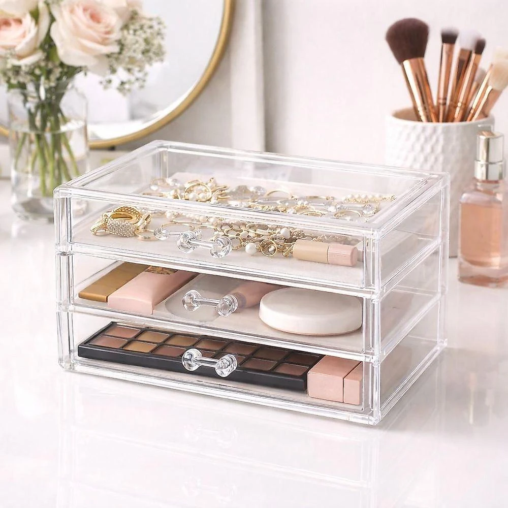 Organizador de Maquiagem Acrílico com 3 Gavetas para Cosméticos e Joias Transparente Utibom