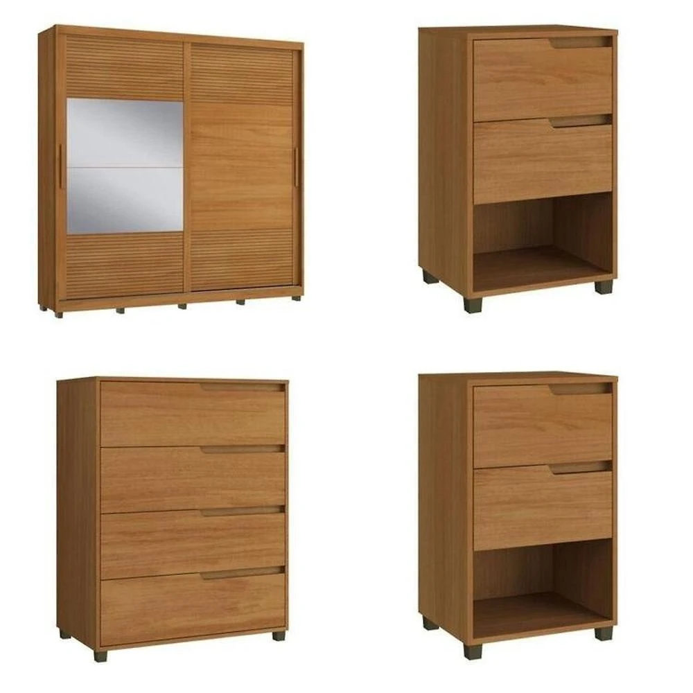 Quarto Casal com Guarda-Roupa 2 Portas de Correr, Cômoda e 2 Mesas de Cabeceira Malthus Nature