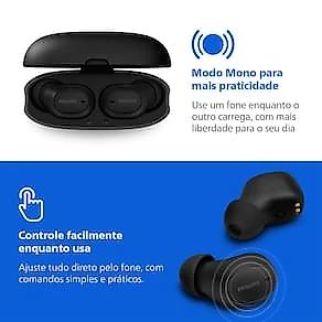 Fone de Ouvido Philips TAT2500BK/00 Bluetooth Cancelamento de Ruído Intra-Auricular TWS 24h Bateria Preto
