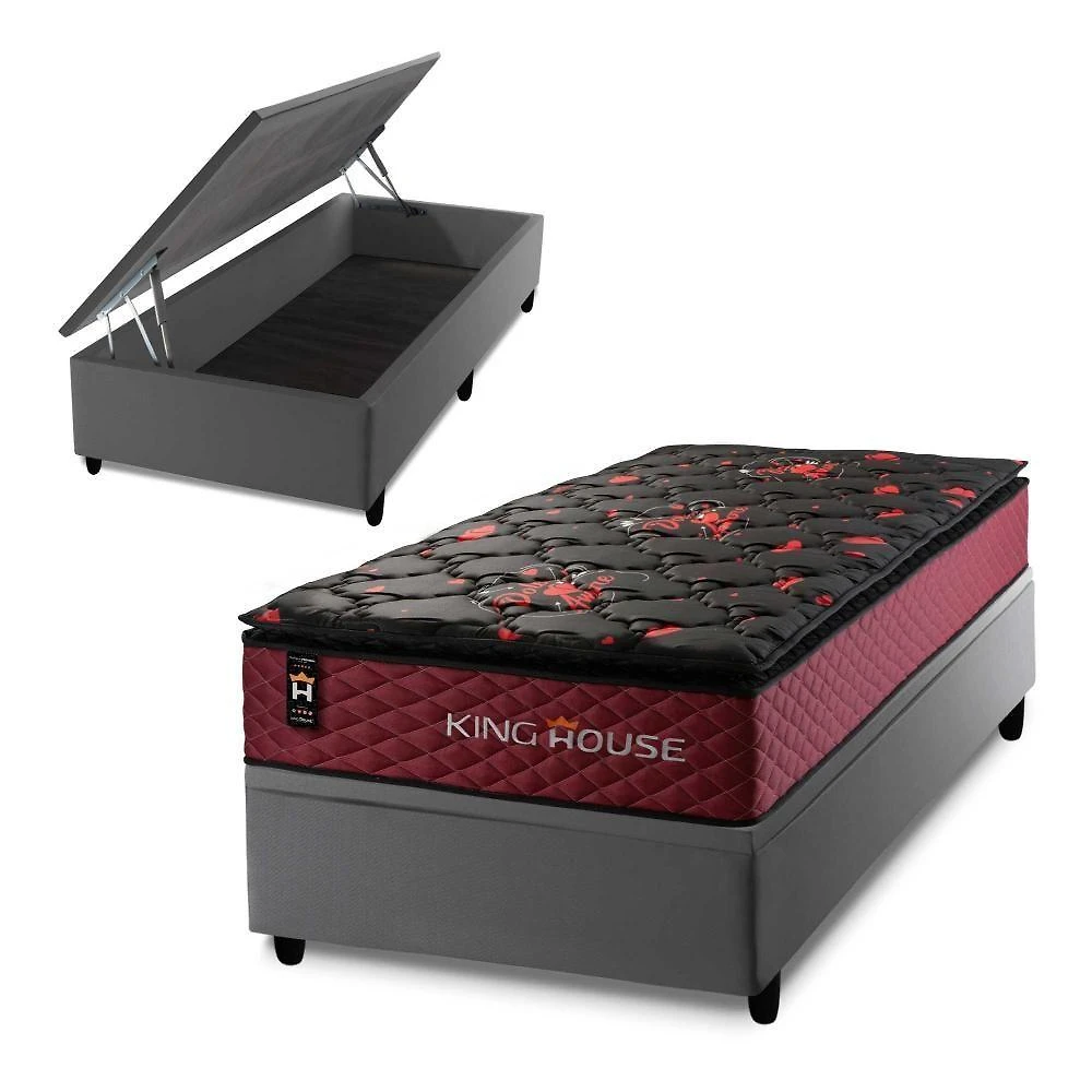 Cama Box com Baú Solteiro Toronto Molas Ensacadas Courino Cinza King House 88CM