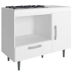 Miniatura Balcão para Cooktop 4 Bocas Poliman Alecrim com Nicho para Micro-ondas, 1 Porta, 1 Gaveta e 1 Prateleira - Branco