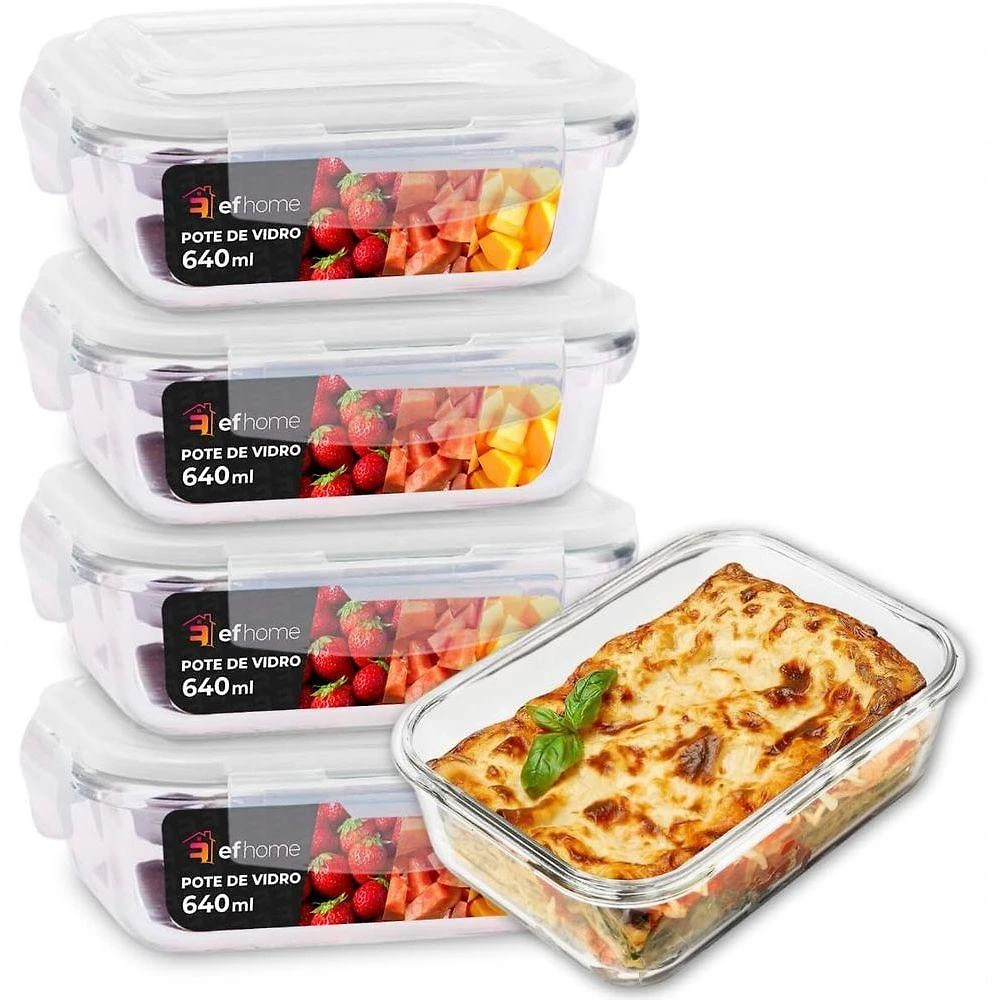 Kit 4 Potes de Vidro Retangular 640ML com Tampa Hermética Armazenamento Alimentos Transparente
