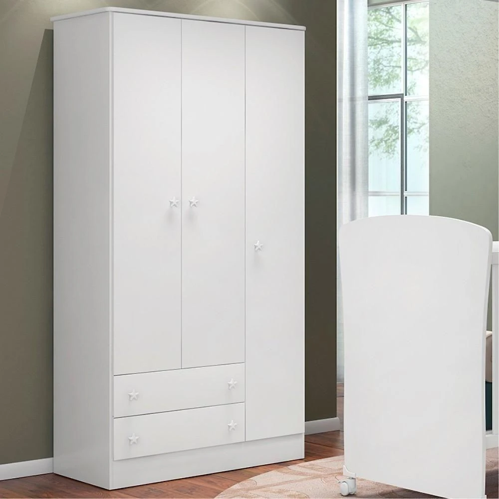 Guarda Roupa Solteiro Noah Tunisia 3 Portas 2 Gavetas MDP Branco Qmovi