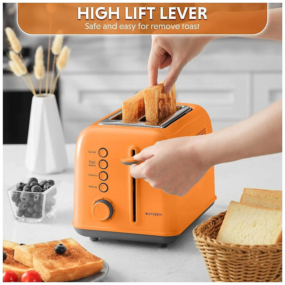 Torradeira BUYDEEM DT620 Laranja 2 Fatias com Fendas Largas, Função Bagel e Muffin, Bandeja de Migalhas Removível e 7 Níveis de Tostagem, 110V