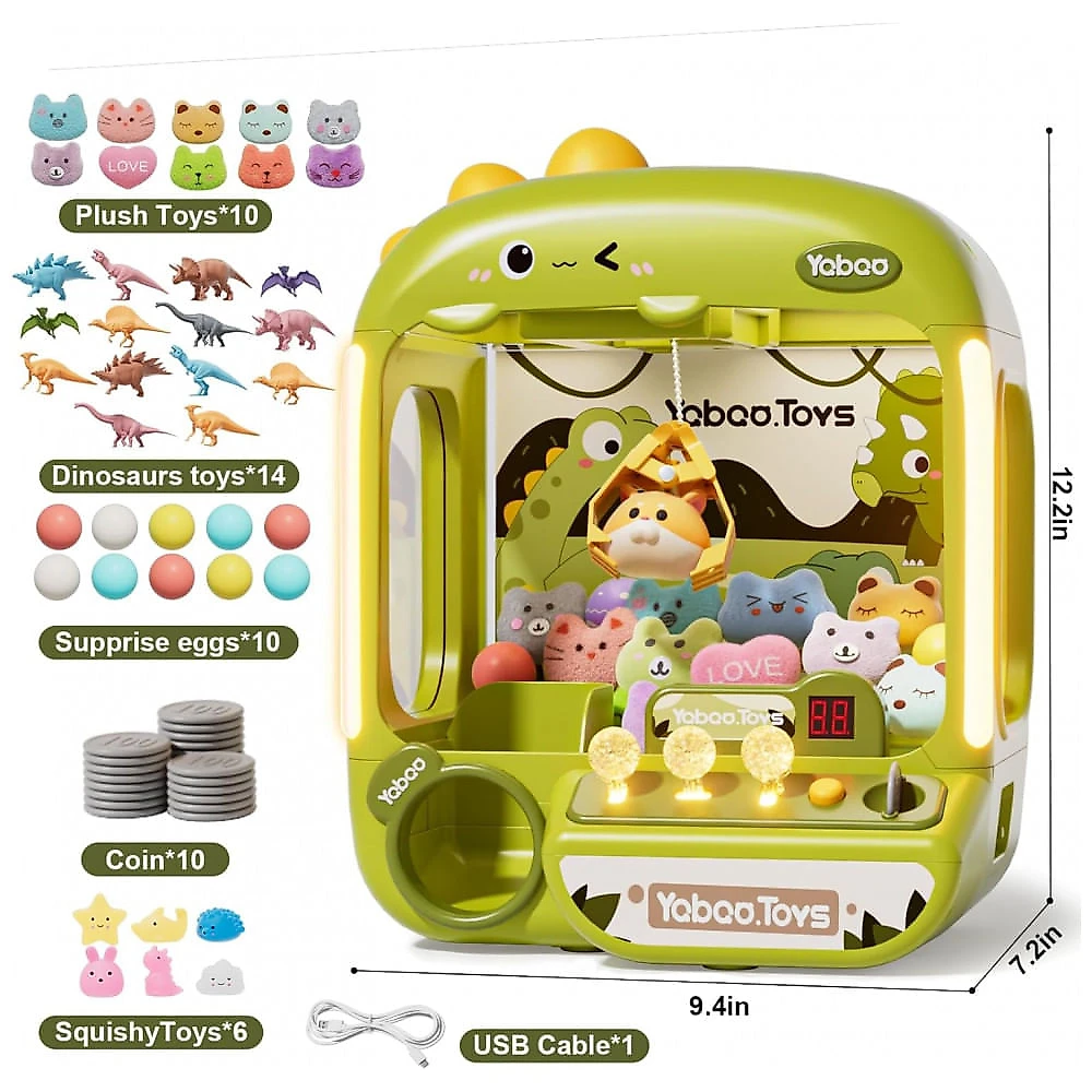 Máquina de Garra Dinossauro Vanvimen 64 PCS Grande para Crianças, Arcade Mini Vending Game com Brinquedos e Doces, Som e Luzes