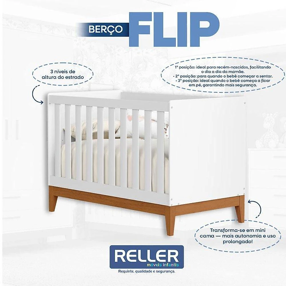 Quarto De Bebê Flip Guarda Roupa 4 Portas E Cômoda Gaveteiro Branco Acetinado - Reller