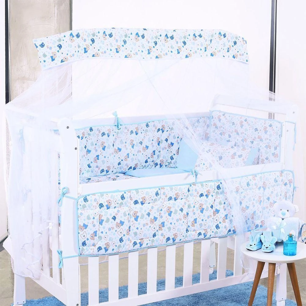 Kit Berço 8 Peças Baby Ursinho Azul Malha 100% Algodão Antialérgico Azul Bene Casa