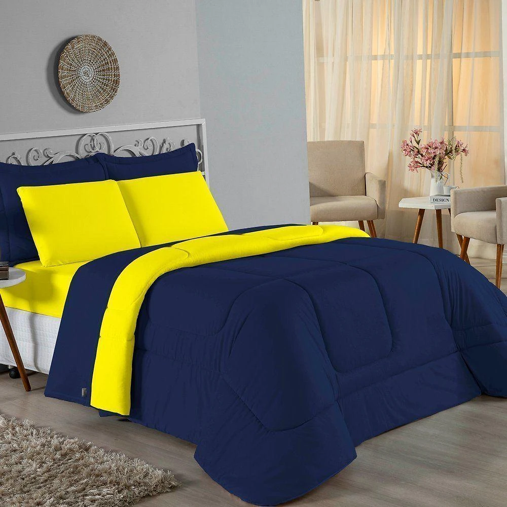 Kit Edredom Dupla Face + Jogo De Lençol Queen Nobre 6 Peças Malha 100% Algodão - Azul-marinho / Amarelo