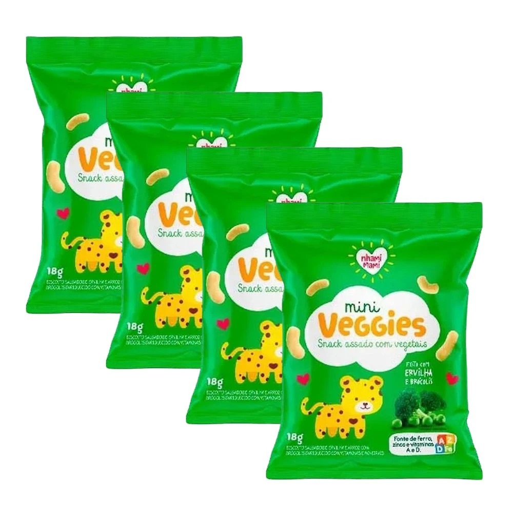 Kit 4 Biscoito Nhami Mami Mini Veggie Snack Ervilha e Brócolis 18g