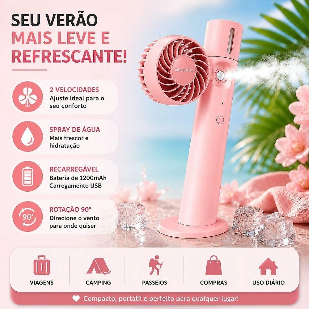 Ventilador Portátil Yeet 3 Pás 2 Velocidades Rosa com Spray de Água 5V