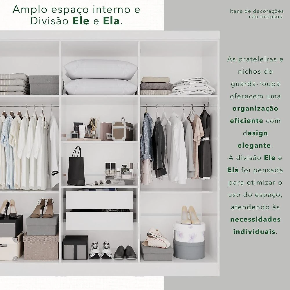 Guarda-Roupa Casal com Espelho 6 Portas 2 Gavetas França Branco