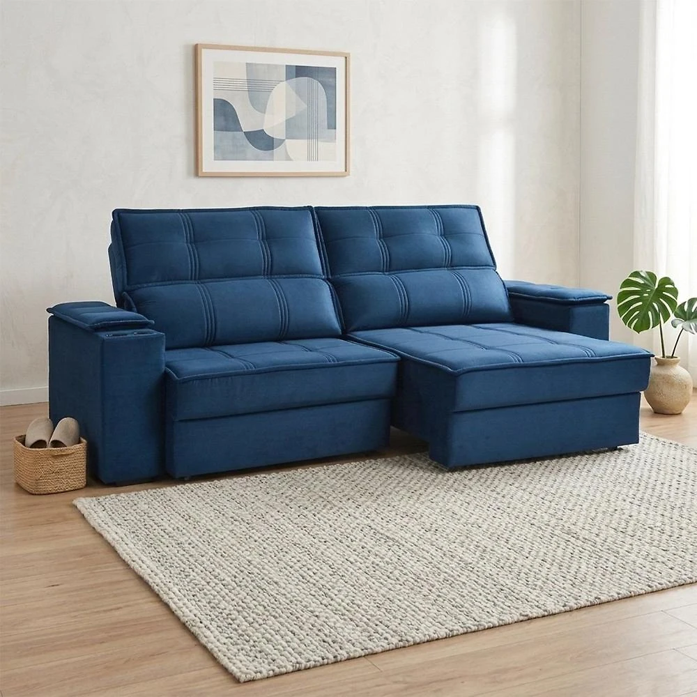 Sofá Retrátil e Reclinável 2 Lugares Bipartido com Porta Copos Cobán Espresso Móveis Azul