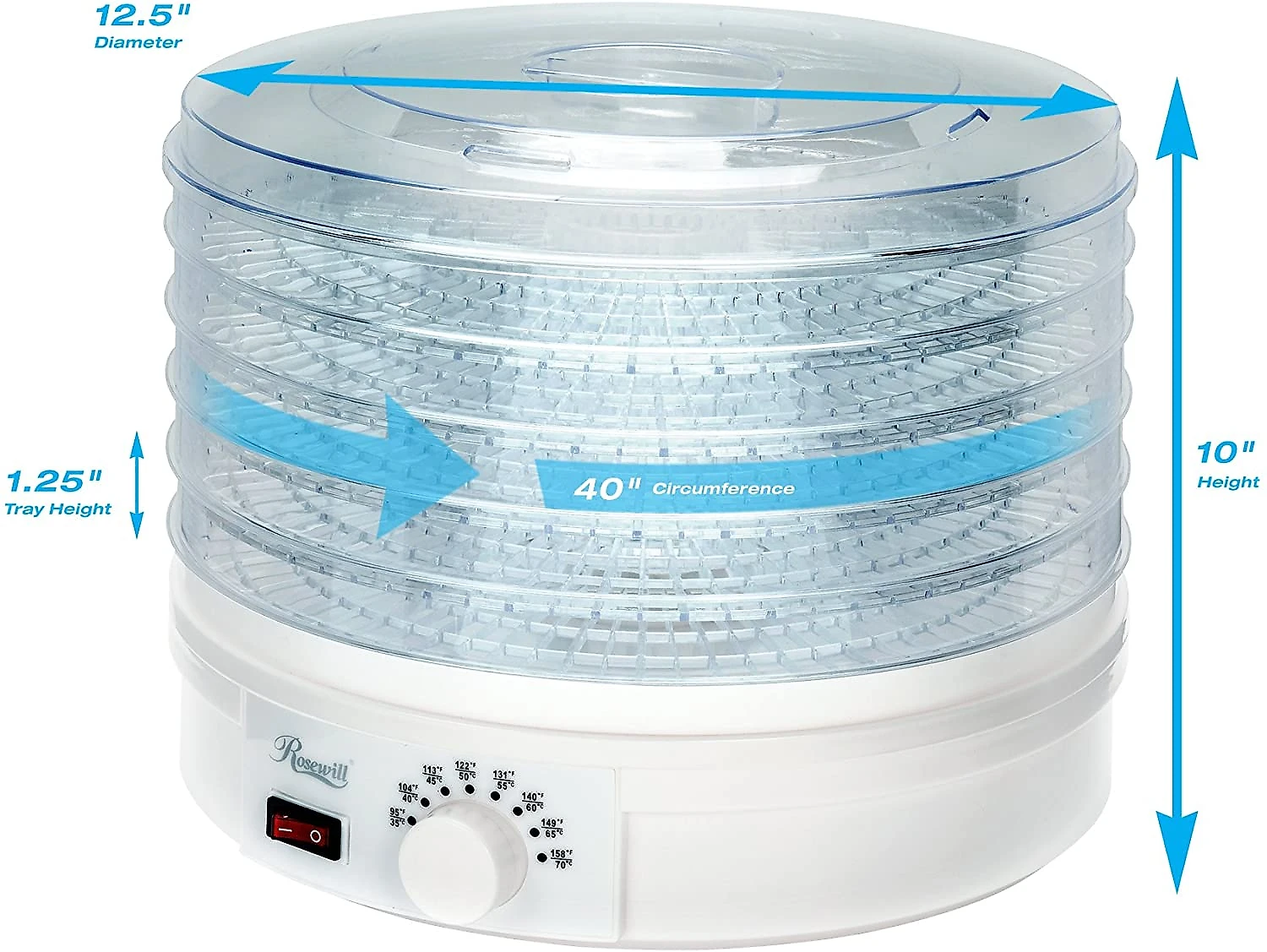 Rosewill Desidratador de Alimentos 5 Bandejas 250W BrancoTransparente 110V