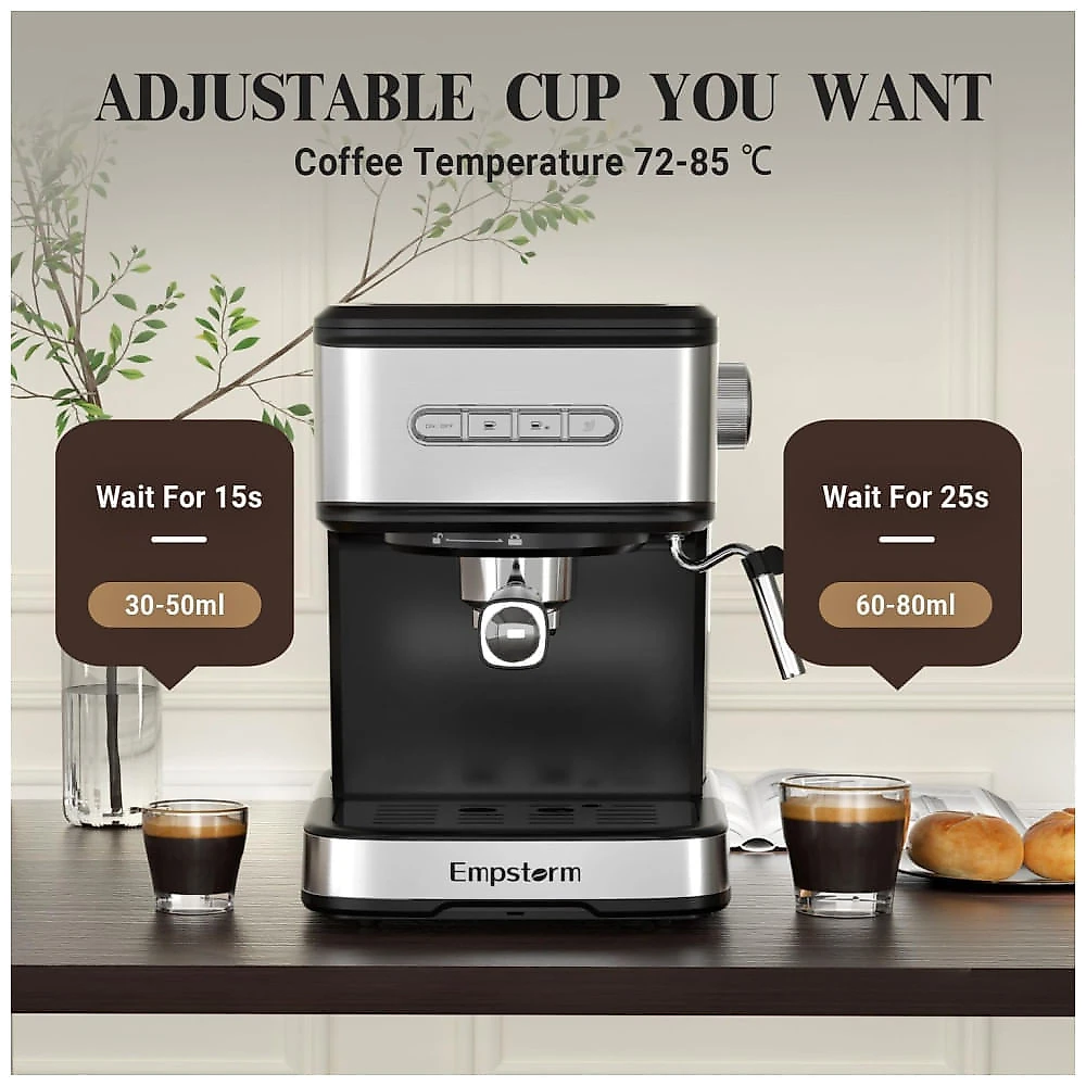 Máquina de Café Expresso 20 Bar para Cápsulas ou Café Moído, com Vaporizador de Leite, 110V 850W, Empstorm, Preta 110v