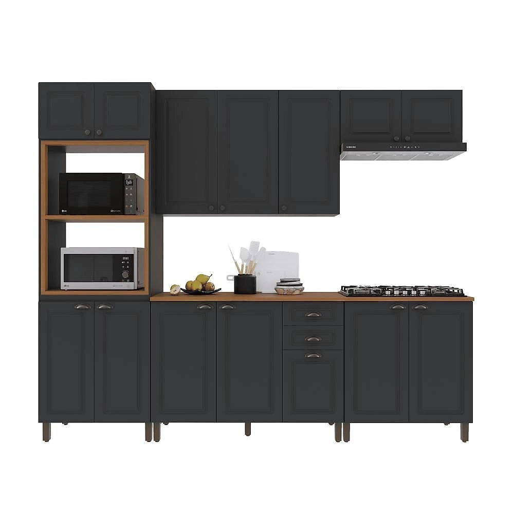 Cozinha Completa Modulada Nara 14 Portas 2 Gavetas MDF 270CM Chumbo Fidelita Móveis