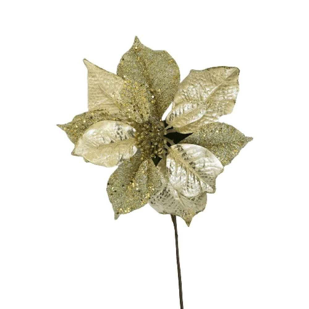 Flor Artificial Natalina Poinsétia Tecido Dourado Haste 45cm