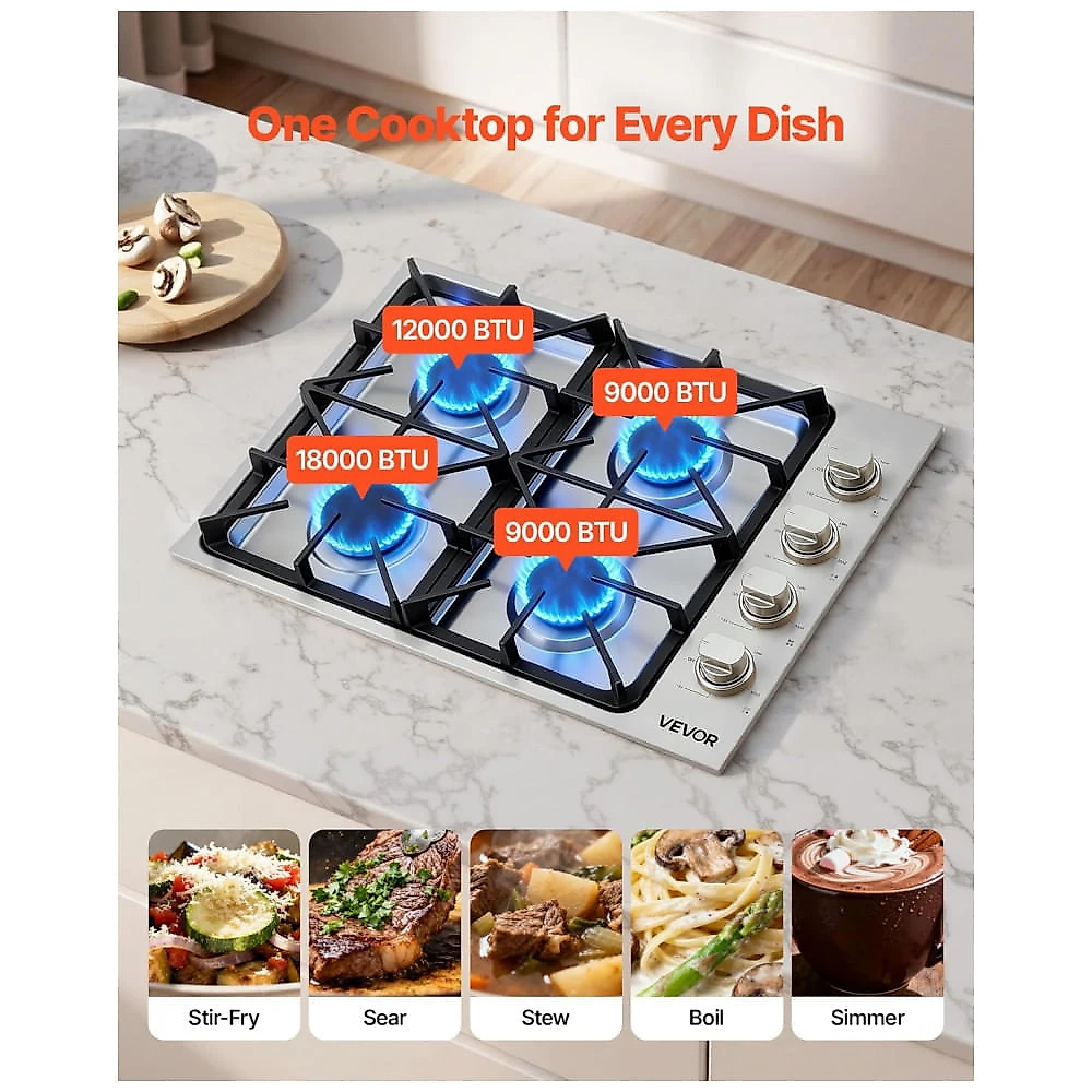 Fogão Cooktop a Gás 4 Queimadores VEVOR Inox Preto Conversível GN/GLP 48.000 BTU 110V Embutir 76cm