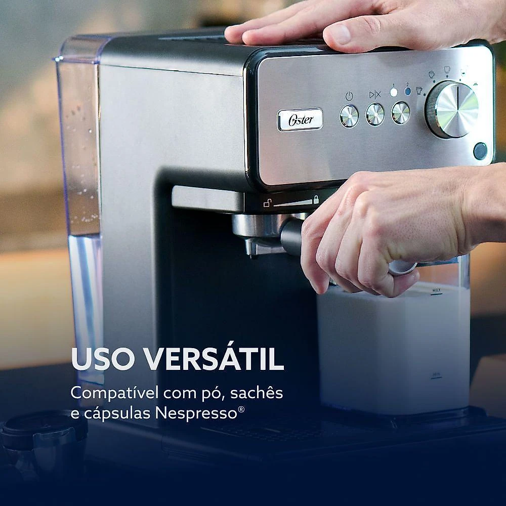 Cafeteira Espresso Oster PrimaLatte Auto-Frothing 15 Bar Cápsula Pó e Sachê Inox 220V